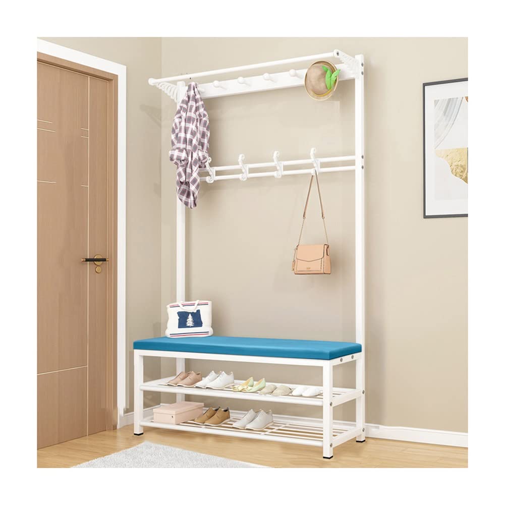 LLLD Industrial Hall Tree with Shoe Storage - Multifunctional Entryway Coat Rack & Shoe Bench - Metal Hallway Organizer for Hanging Clothes & Accessories (Blue) - Perfect for Small Spaces, Apartments & Mudrooms