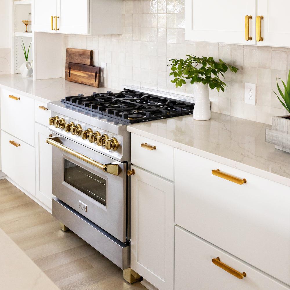 ZLINE Autograph Edition 36-inch Dual Fuel Range with 6 Burner Gas Cooktop & Convection Oven - 4.6 cu.ft Stainless Steel with Gold Accents (RAZ 36 G) - Perfect for Professional Kitchens & Luxury Home Cooking