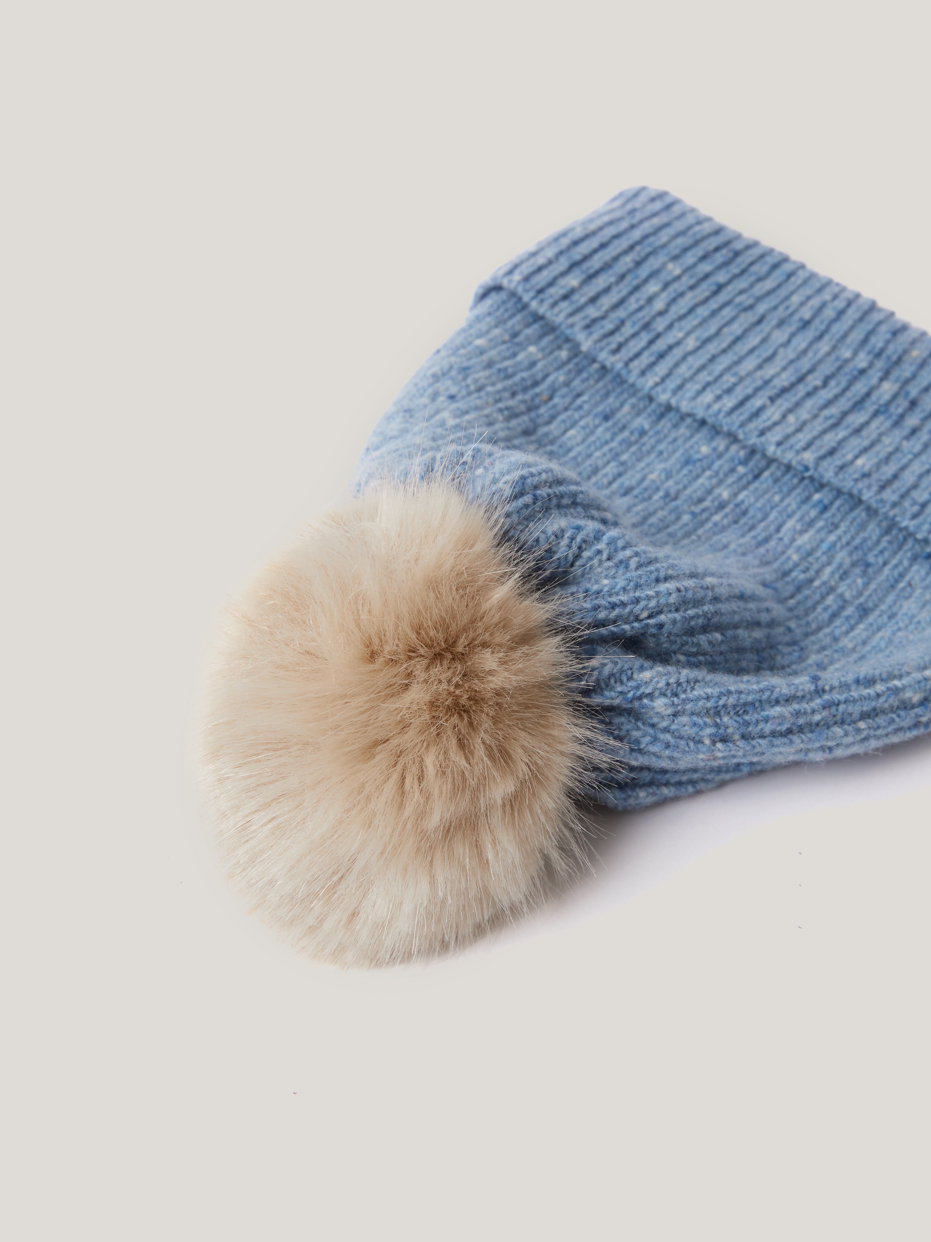 Donegal Pom Hat for Men & Women - Soft Wool Winter Beanie with Faux Fur Pom - Cozy Blue Knit Cap for Cold Weather - Perfect for Skiing, Snowboarding & Outdoor Activities