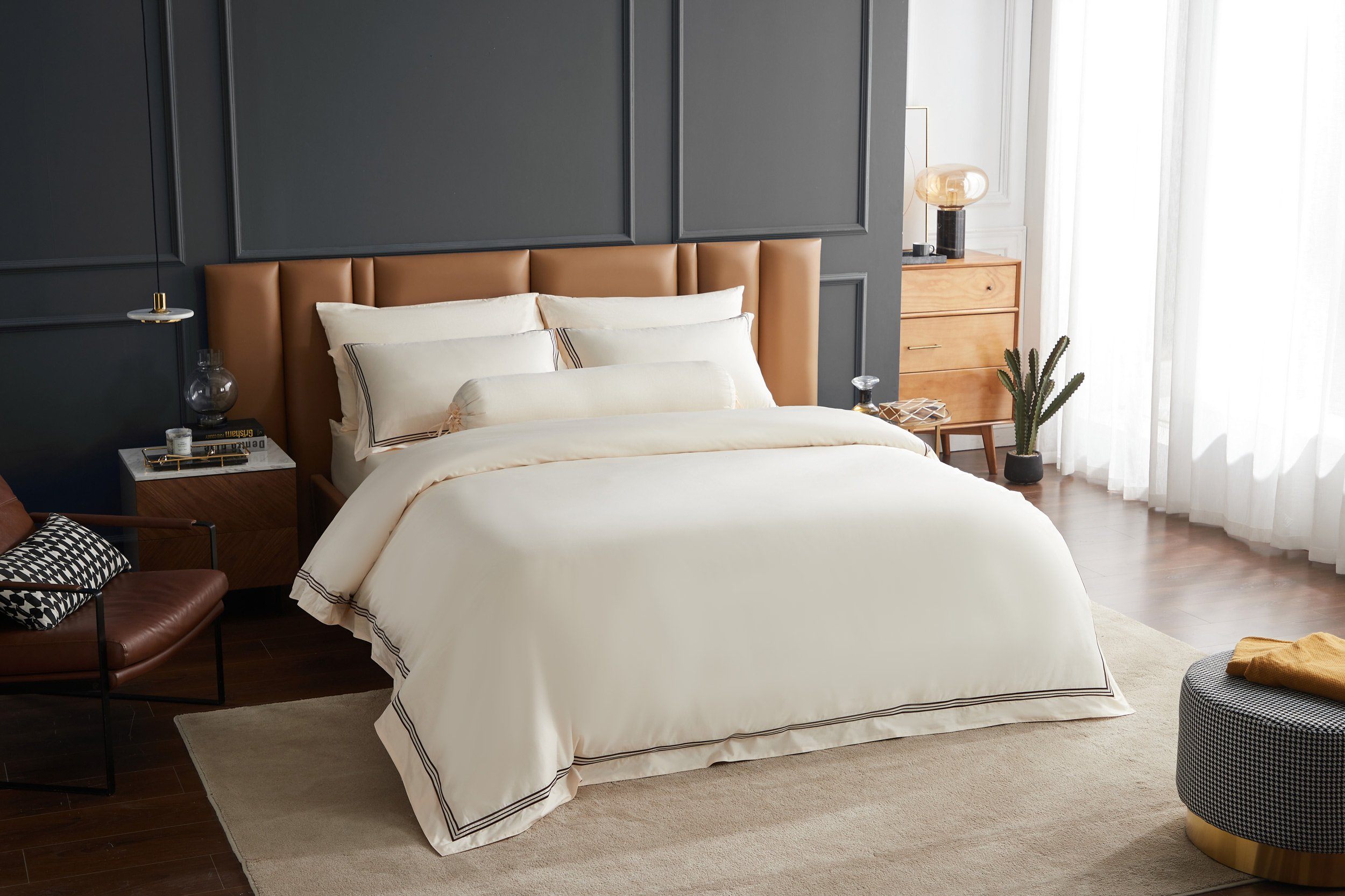 Prestigio™ Freya Hotel Quality Fitted Sheet Set with Umber Border - Ultra Soft & Wrinkle-Free for Luxury Bedrooms & Guest Rooms