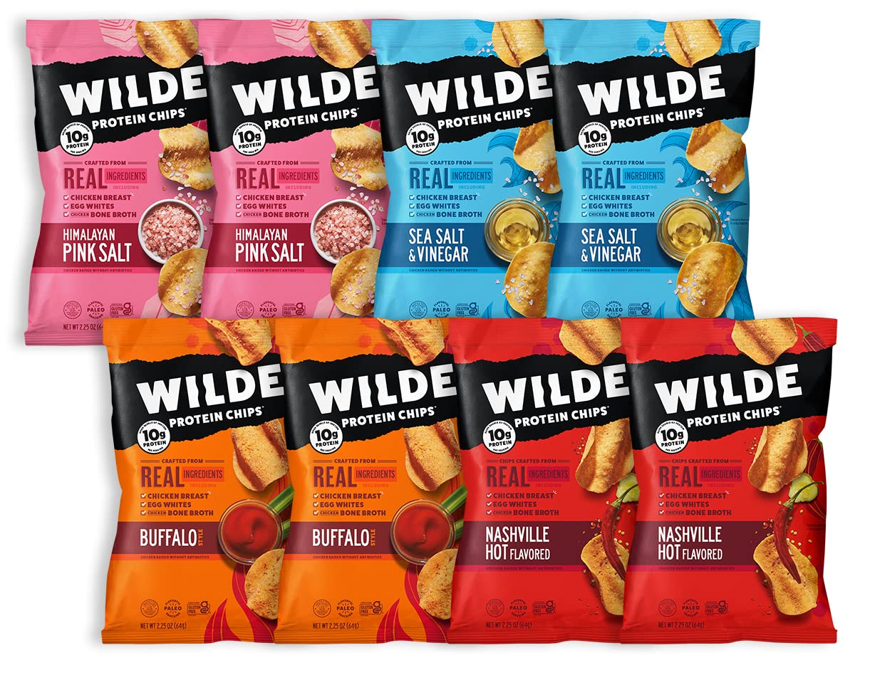 WILDE Protein Chips Variety Pack - Buffalo, Nashville Hot, Himalayan Pink Salt, Sea Salt & Vinegar | Thin & Crispy High Protein Snacks | Keto Friendly, Gluten Free | Made with Real Ingredients | 2.25oz Bags (8 Pack) | Perfect for Keto Diet, Office Snacking & Post-Workout Fuel
