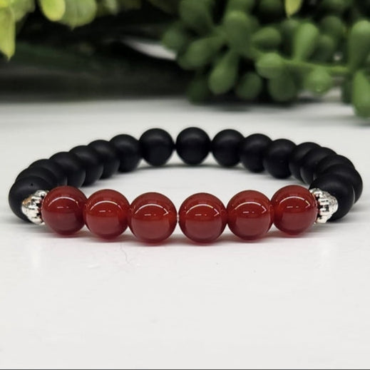 Natural Carnelian and Black Obsidian 8mm Smooth Bead Stretch Bracelet for Women - Healing Crystal Jewelry for Meditation, Yoga & Positive Energy
