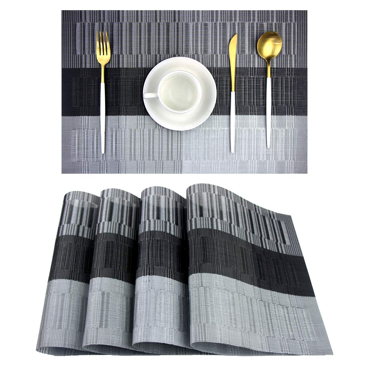 Washable Vinyl Woven Placemats - Set of 4 Elegant Black Table Mats for Dining Room, Kitchen & Outdoor Use - PIGCHCY Waterproof Table Place Mats for Everyday Meals & Dinner Parties