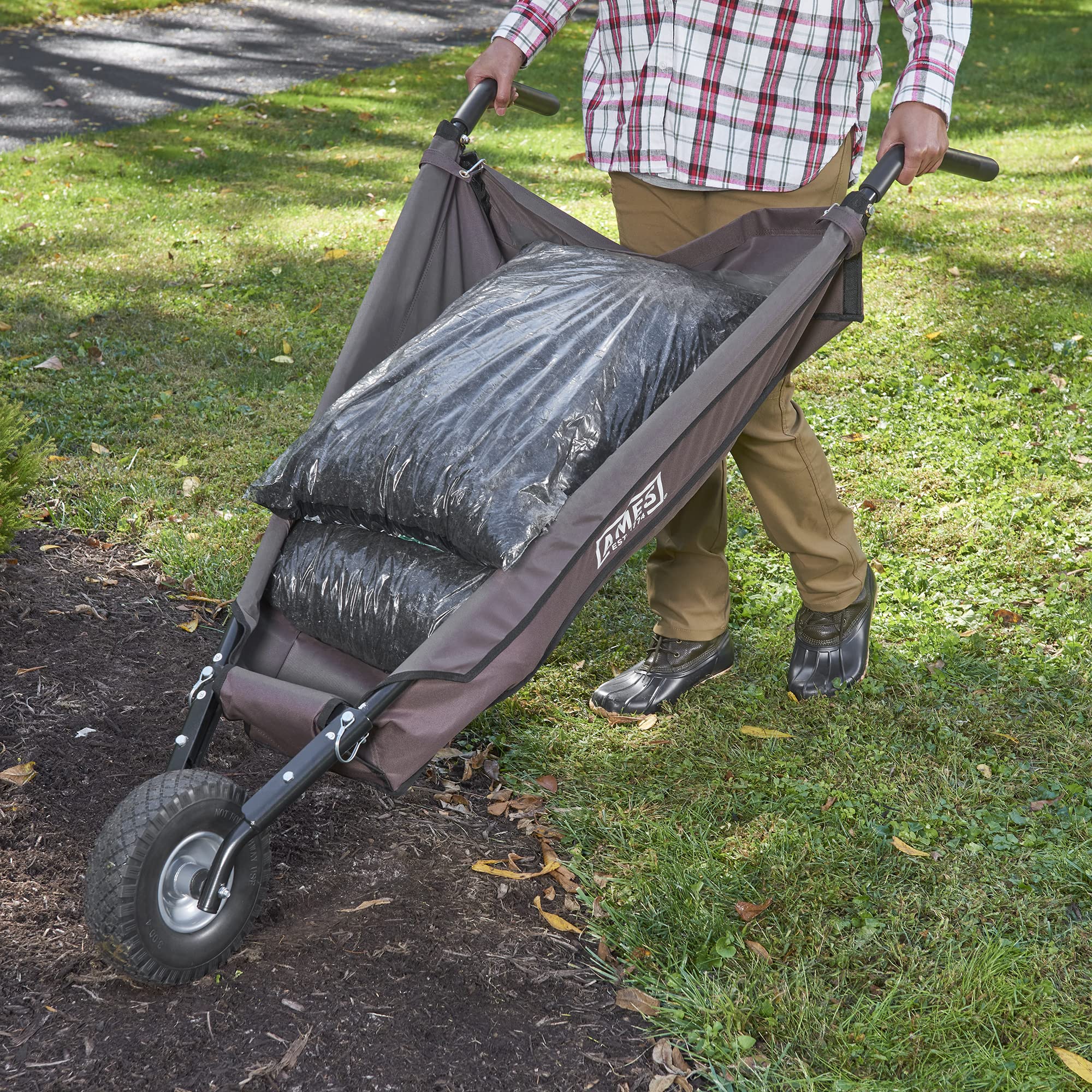 AMES Heavy Duty Folding Wheelbarrow - Lightweight Single Tire Yard Cart for Garden, Lawn & Landscaping - Perfect for Transporting Leaves, Mulch, Soil & Gardening Supplies