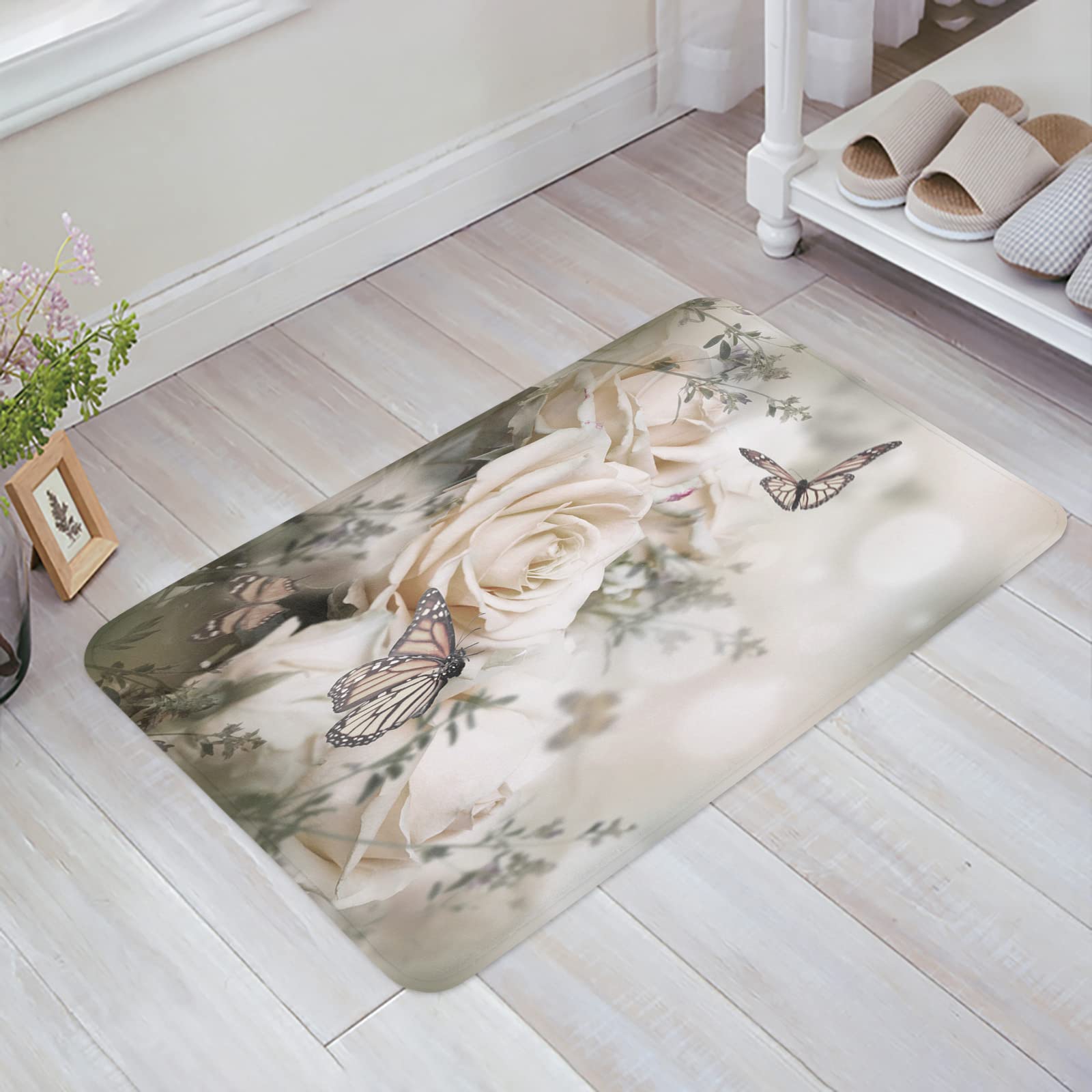 20x32in Outdoor Rug - Absorbent Low Profile Door Mat for Entryway, Kitchen, Bathroom | Rose and Butterfly Design for Bedroom, Living Room & Home Decor | Perfect for Indoor/Outdoor Use, Patio, Laundry Room & High Traffic Areas