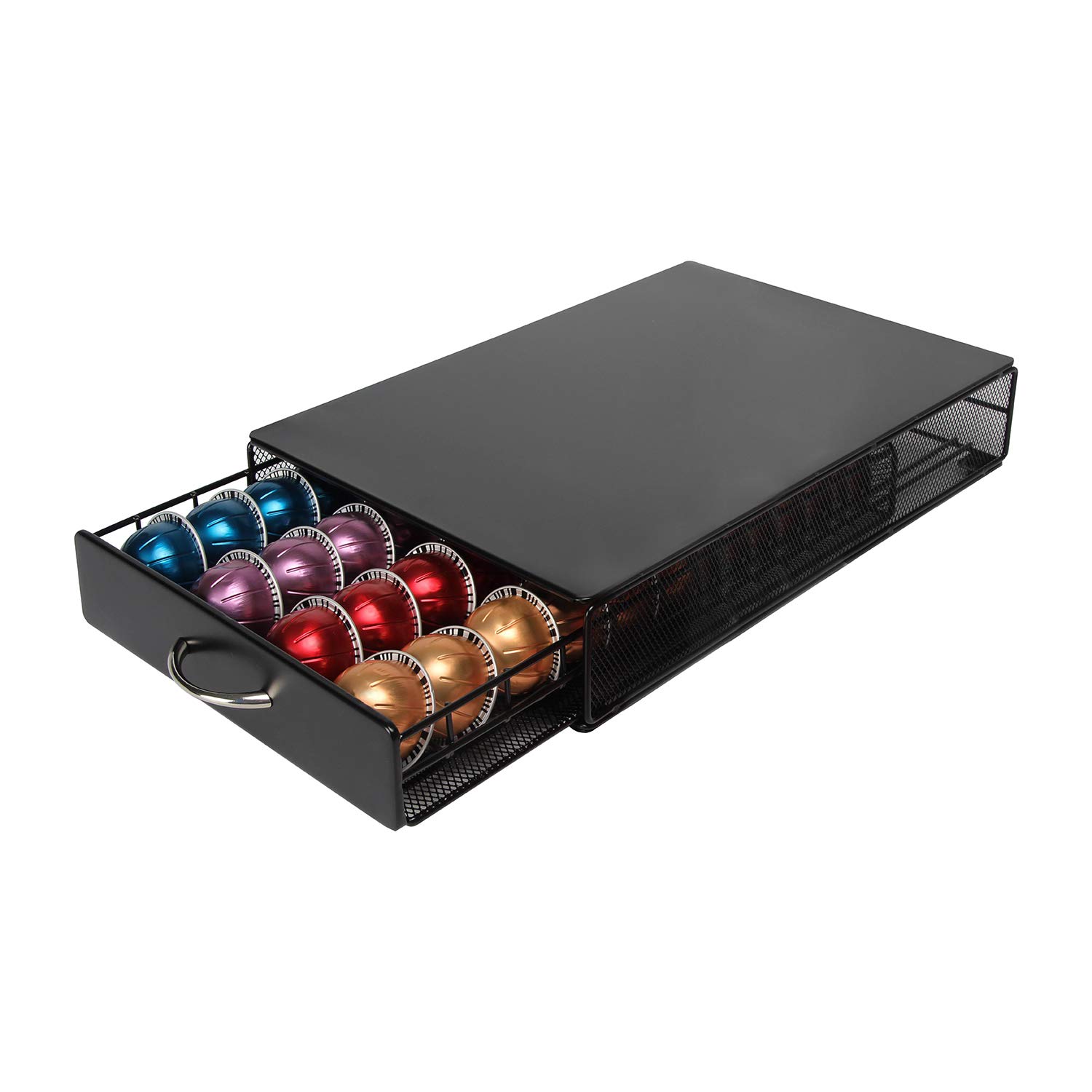 Premium Nespresso Vertuo Pod Holder Organizer - Black Metal Storage Drawer with Mesh Shelves (40 Capsules Capacity) | Compact Coffee Pod Organizer for Kitchen Countertop, Office, or Coffee Station