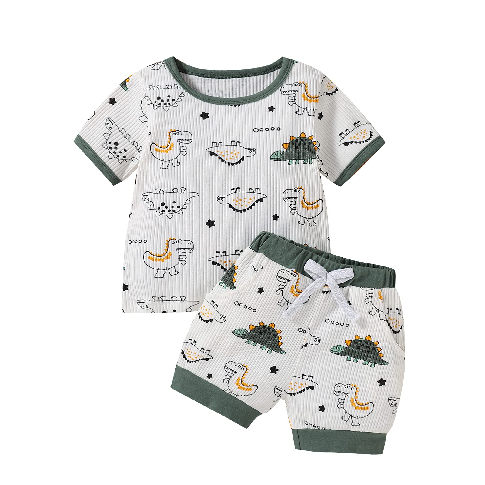 Dinosaur Print Shorts Set for Toddler Boys & Girls - Short Sleeve Ribbed T-Shirt & Shorts Summer Outfit | Playtime, Daycare & Outdoor Adventures