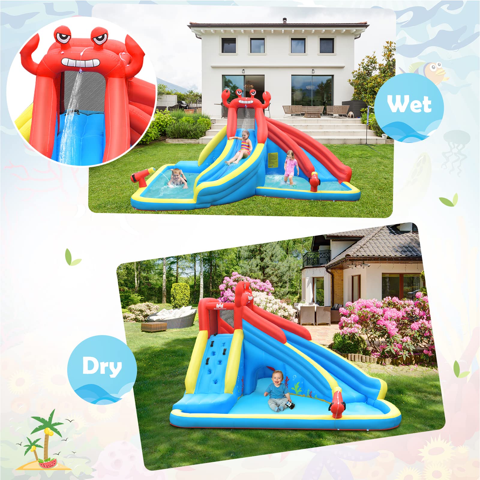 BOUNTECH Inflatable Crab Water Slide for Kids - Dual Racing Slides, Climbing Wall & Hide & Seek Cave - Outdoor Blow Up Water Park for Backyard Parties, Summer Fun & Toddler Play - Perfect for Birthdays, BBQs & Family Gatherings