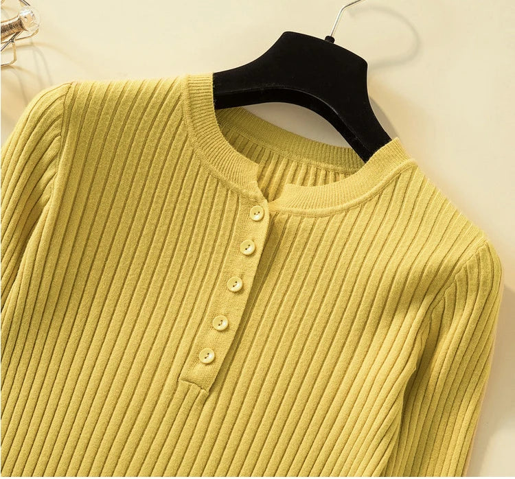 Button Basic Slim Knitted Pullover Sweater for Women - Soft Comfortable Lightweight Casual Tops for Fall & Winter - Perfect for Office, Dating and Weekend Outfits