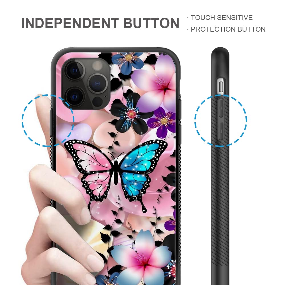 iPhone 12 Pro Max Case 6.7 Inch - Pink Blue Butterfly Pattern Design, Hard PC Back with Soft TPU Bumper, Non-Slip Protective Phone Cover for Women | Perfect for Everyday Use, Work & Travel