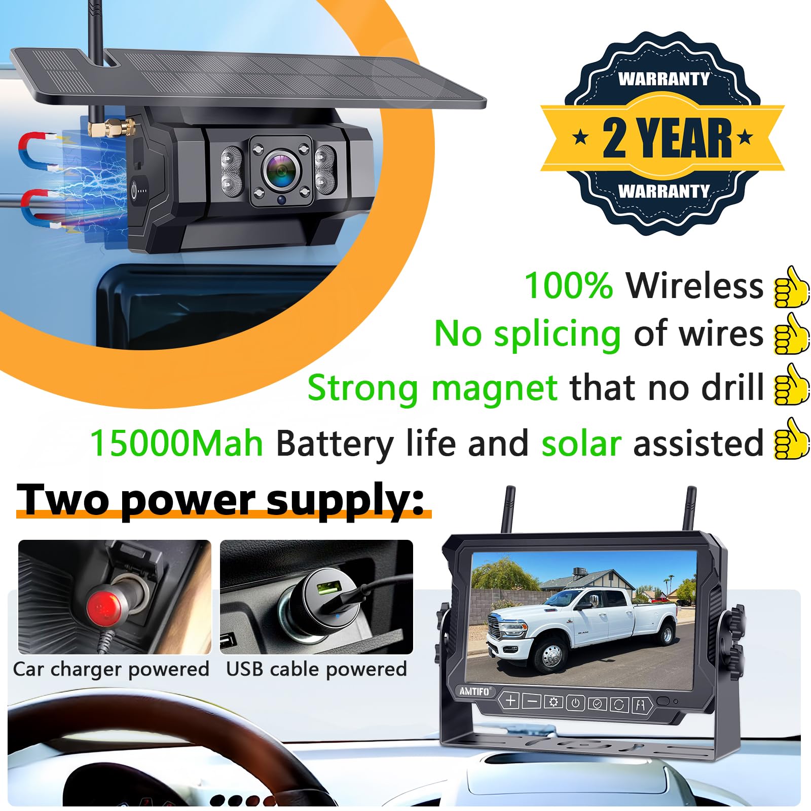 AMTIFO A9 Wireless RV Backup Camera System - 7 Inch Solar Reverse Camera with 2 Magnetic Shockproof Cameras & Iron Brackets for Trailer Trucks | Stable Signal Recording | Easy Install-Free Setup for Safe Parking & Reversing