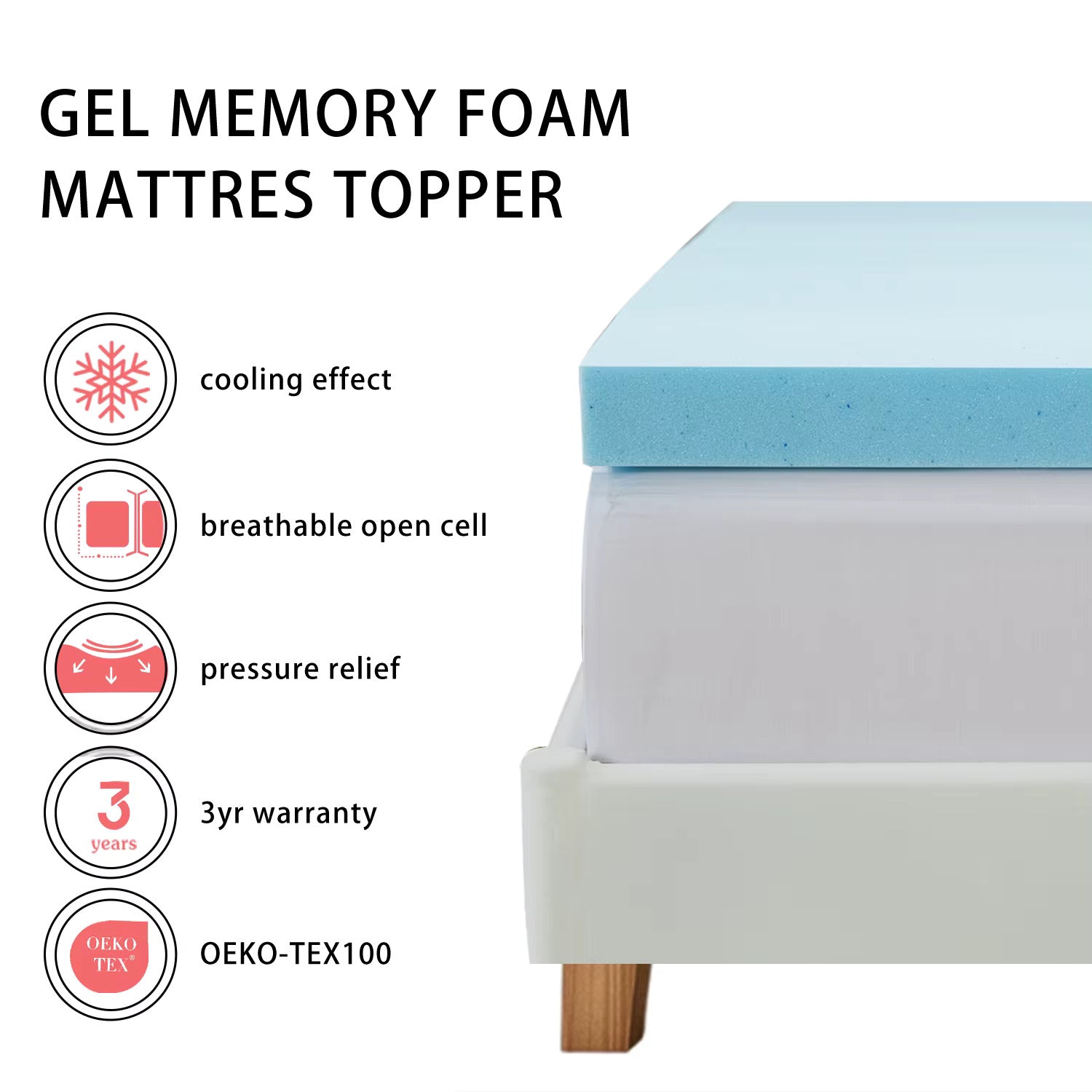Re Born Mattress Topper - 3 Inch Cooling Gel Memory Foam Mattress Pad for Back Pain Relief | Queen Size Bed Topper for Pressure Relief & Spine Alignment | Perfect for Hot Sleepers & Side Sleepers