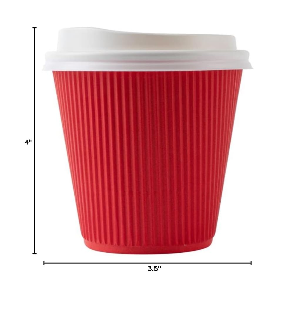 Restaurantware 8oz Insulated Coffee Cups with Lids - 400 Pack Leakproof Ripple Wall Hot Cups | Disposable Red Paper Coffee Cups for Tea, Hot Cocoa & Lattes | Perfect for Cafes, Offices & Catering Events