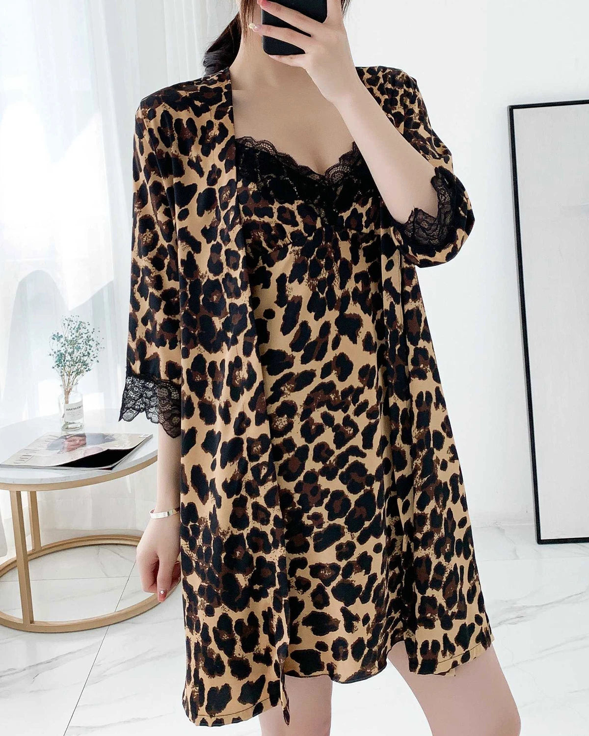 Leopard Print Silk Nightgown and Robe Set - Women's Luxurious Sleepwear for Valentine's Day & Honeymoon