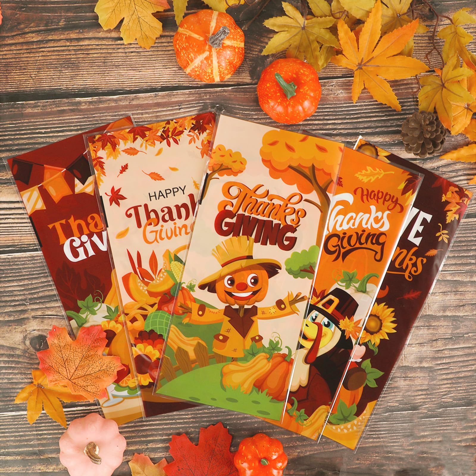 180 Pcs Thanksgiving Treat Bags - Fall Themed Cellophane Candy Bags with Maple Leaves, Turkey & Pumpkin Designs - Perfect for Thanksgiving Party Favors, Classroom Treats & Holiday Gift Giving
