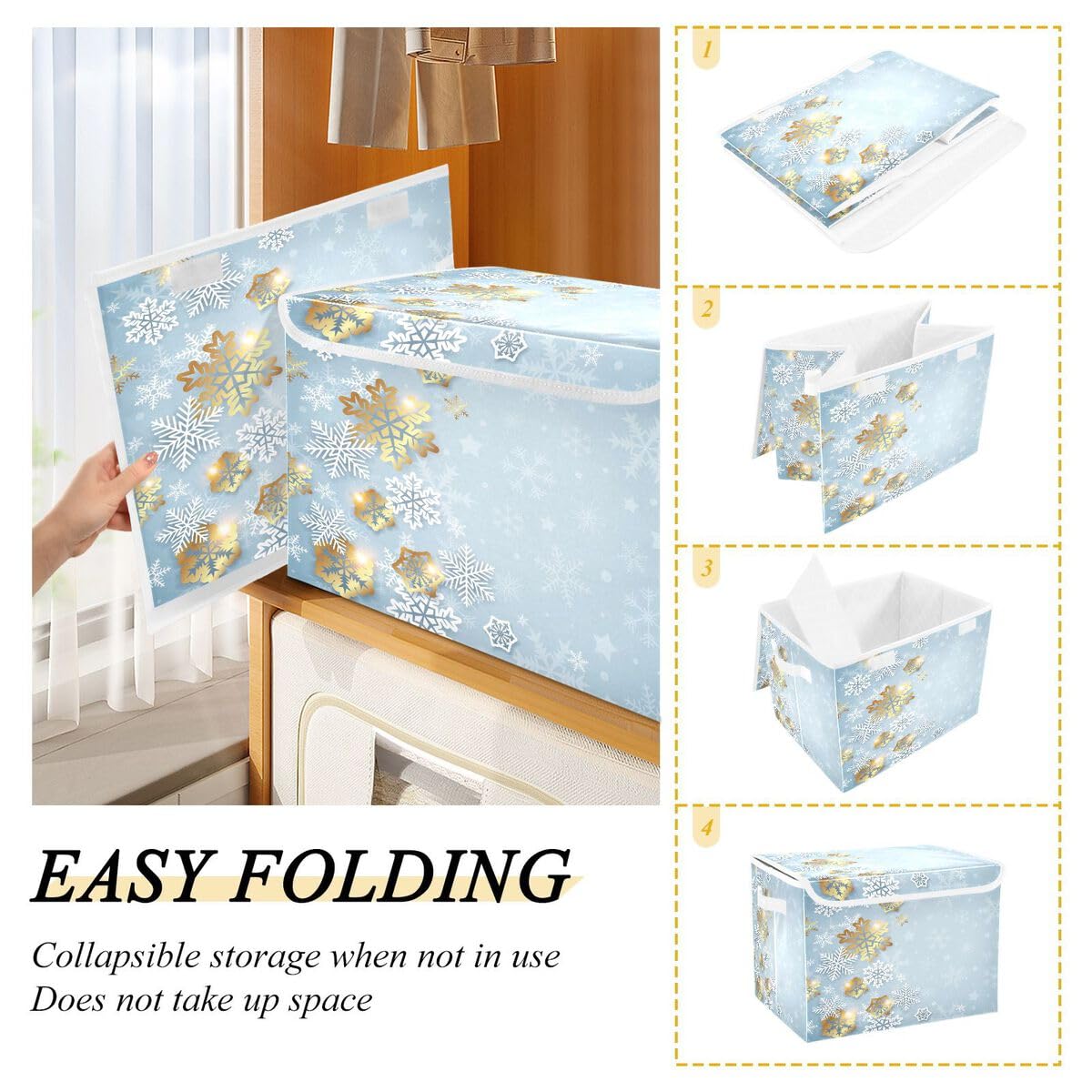Senya Foldable Storage Bins with Lids - Collapsible Storage Baskets & Organizer Cubes with Golden Snowflake Design for Home, Office, Closet, Shelves, Toys & Nursery - Perfect for Space Saving & Home Organization