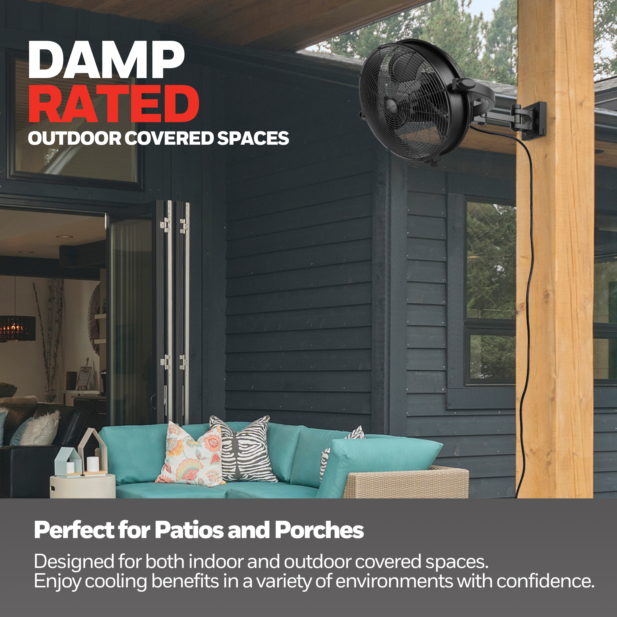 18 Inch Honeywell Indoor/Outdoor Wall Mount Fan - Black Patio Ceiling Fan with Remote Control - Perfect for Porch, Garage, and Covered Outdoor Spaces