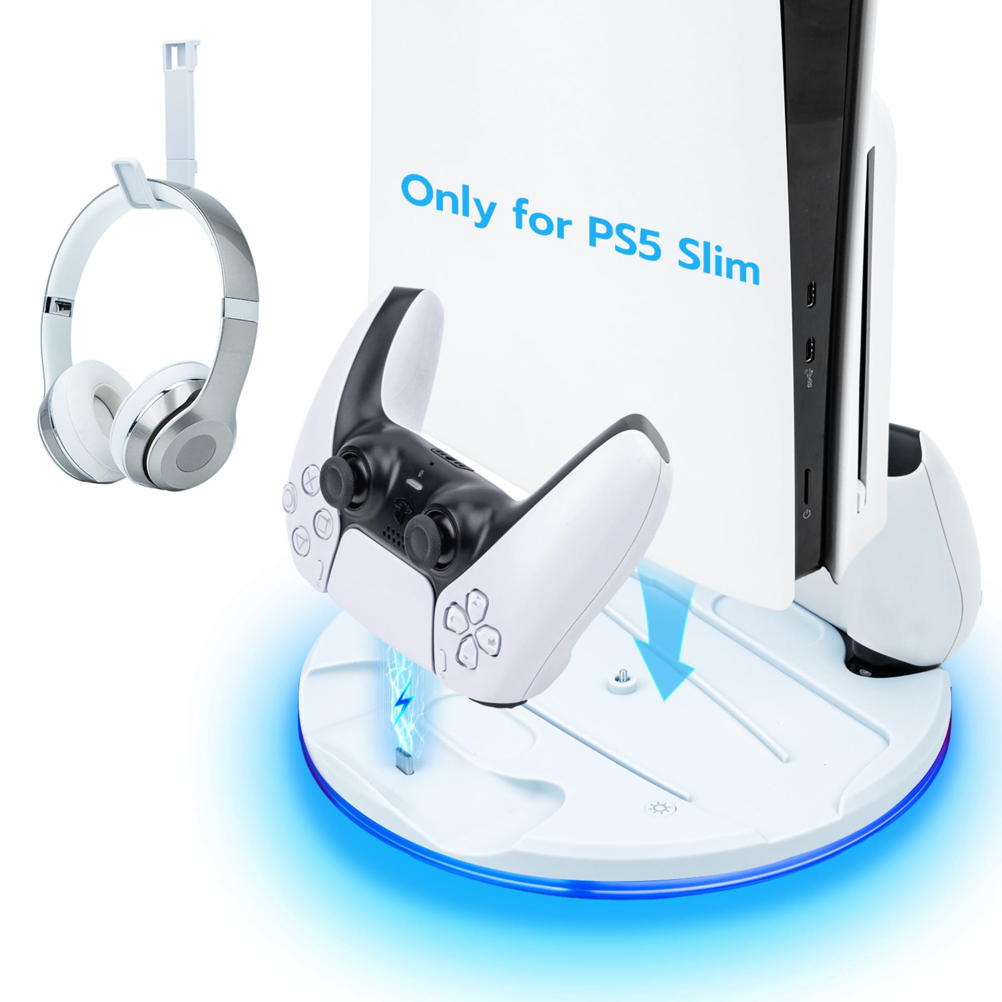 PS5 Slim Vertical Stand with LED Light & Fast Charging Dock - Dual Controller Charging Station, Headset Hook Accessories - White (Compatible with PS5 Slim Digital/Disc Edition) - Perfect for Gaming Setup & Organized Playstation Accessories Storage