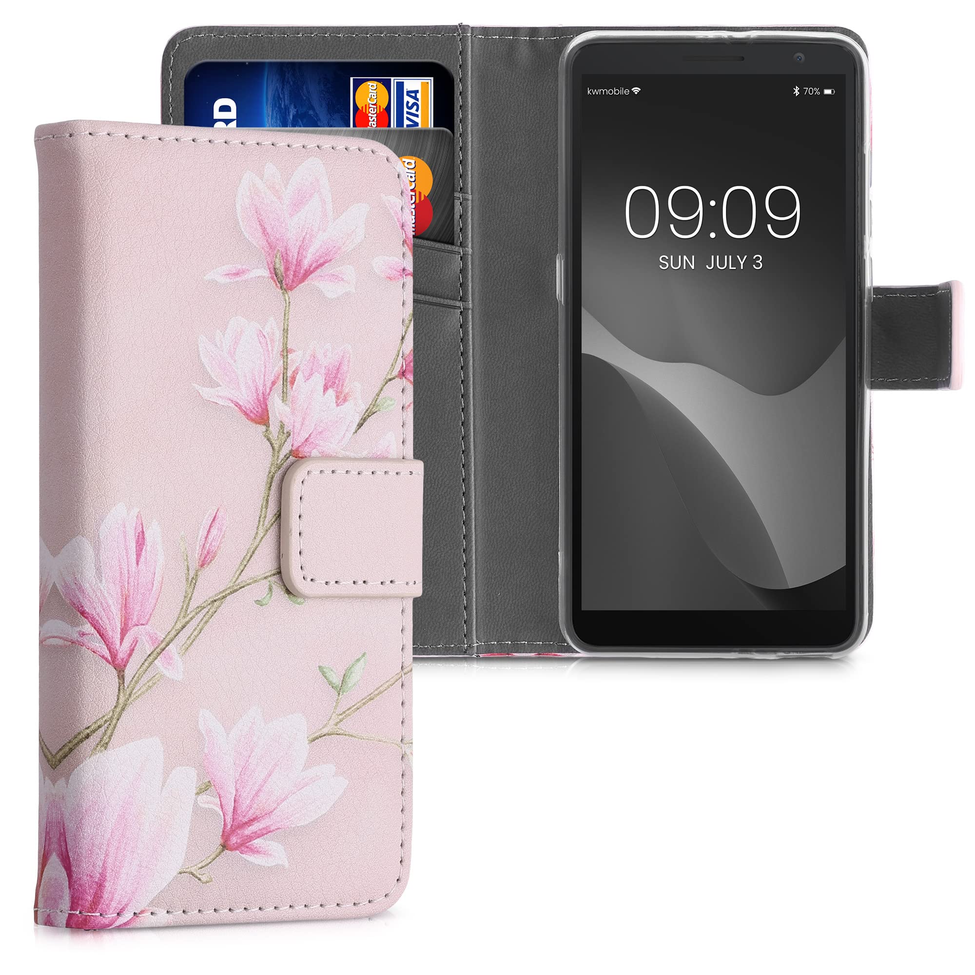 kwmobile Wallet Case for Alcatel 1B (2020) - Floral Design with Card Slots (Magnolias Pink/White/Dusty Pink) | Protective Phone Cover with RFID Blocking | Perfect for Everyday Use, Shopping & Travel
