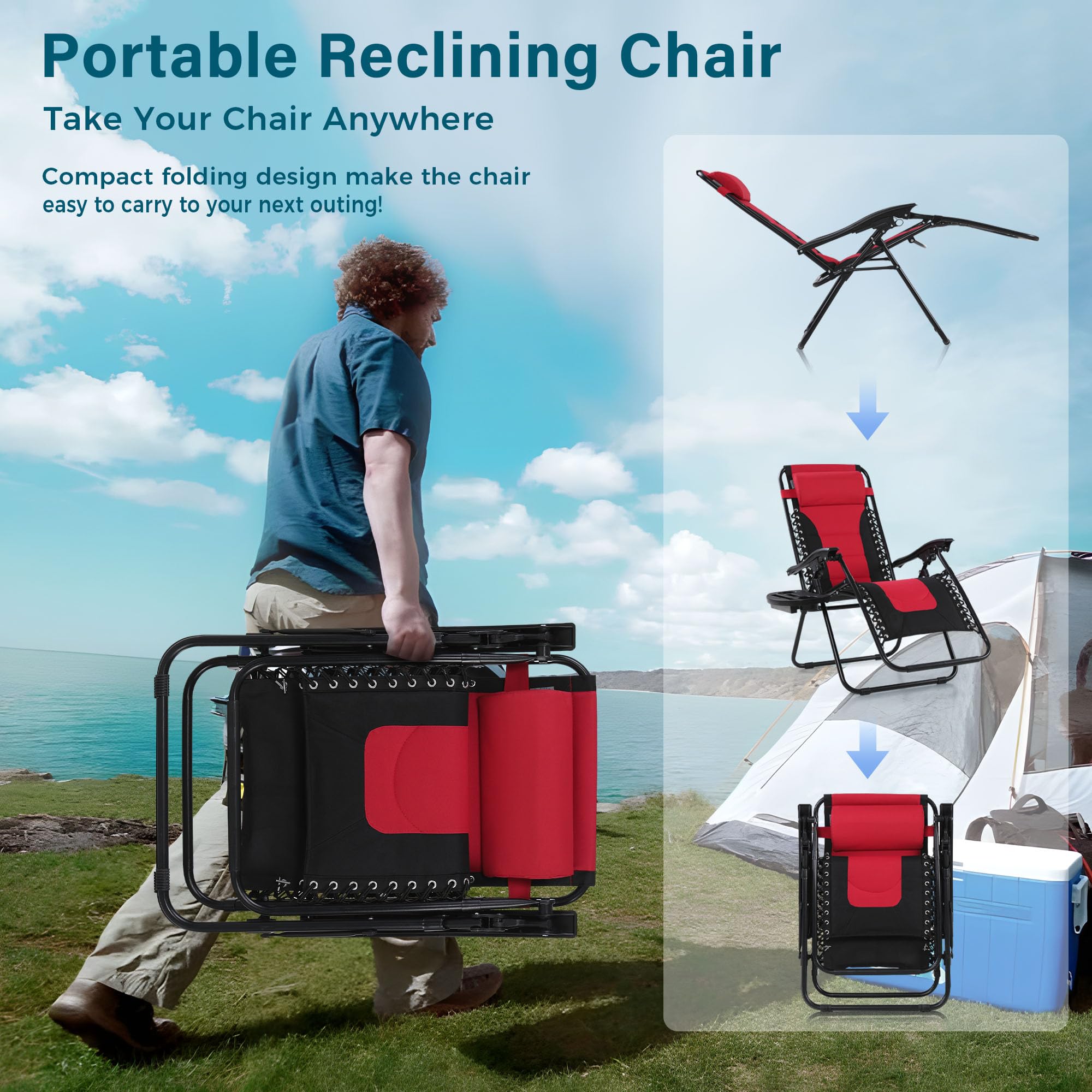 MFSTUDIO 2-Pack Zero Gravity Recliner Chairs with Adjustable Headrest & Cup Holder - 350lbs Weight Capacity Folding Patio Lounge Chairs for Pool, Backyard, Deck - Comfortable Outdoor Relaxation (Red)