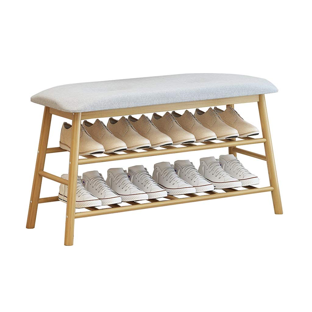 2-Tier Bamboo Shoe Bench with Storage & Gray Cushion - Modern Entryway Shoe Organizer (90cm Long) - Perfect for Hallway, Mudroom & Small Space Organization