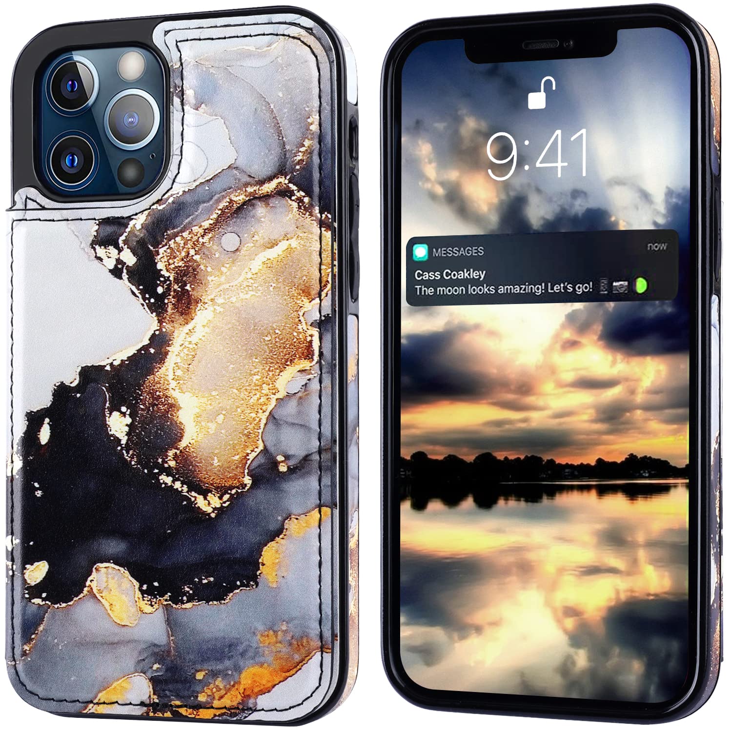 Premium PU Leather iPhone 12 Wallet Case with Card Holder - Luxury Flip Folio Shockproof Cover for iPhone 12/12 Pro - Black Marble Design - Perfect for Business, Travel & Everyday Protection