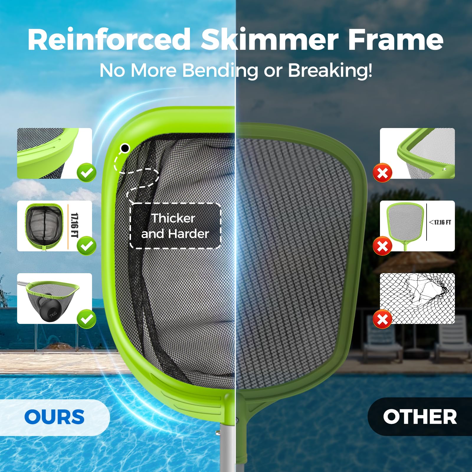 Upgraded 6-Foot Pool Skimmer Net with Telescopic Aluminum Pole - Fast Cleaning for Swimming Pools, Hot Tubs, Spas & Ponds - Durable Pool Cleaner Accessories (Perfect for Backyard Maintenance & Quick Debris Removal)
