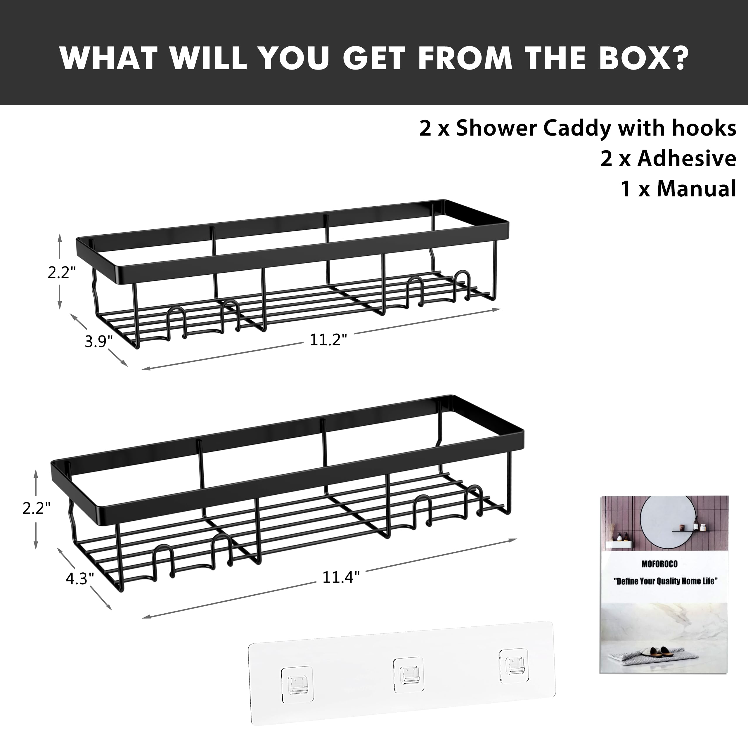 Moforoco Self Adhesive Shower Caddy Shelf Organizer - Rustic Black Bathroom Wall Storage Rack for RV, Camper & Apartment - Farmhouse Decor, Space Saving Solution for Shampoo, Soap & Bath Essentials