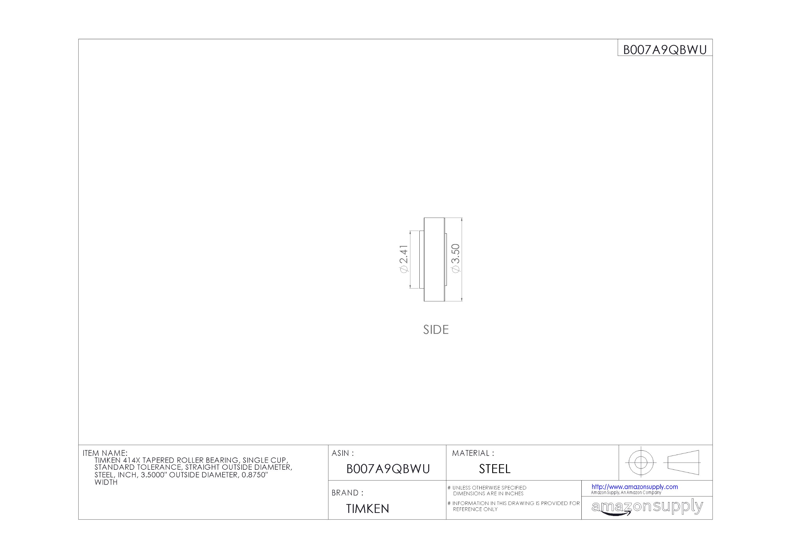 Timken 414X Tapered Roller Bearing - Single Cup, Standard Tolerance, Steel Construction, 3.5