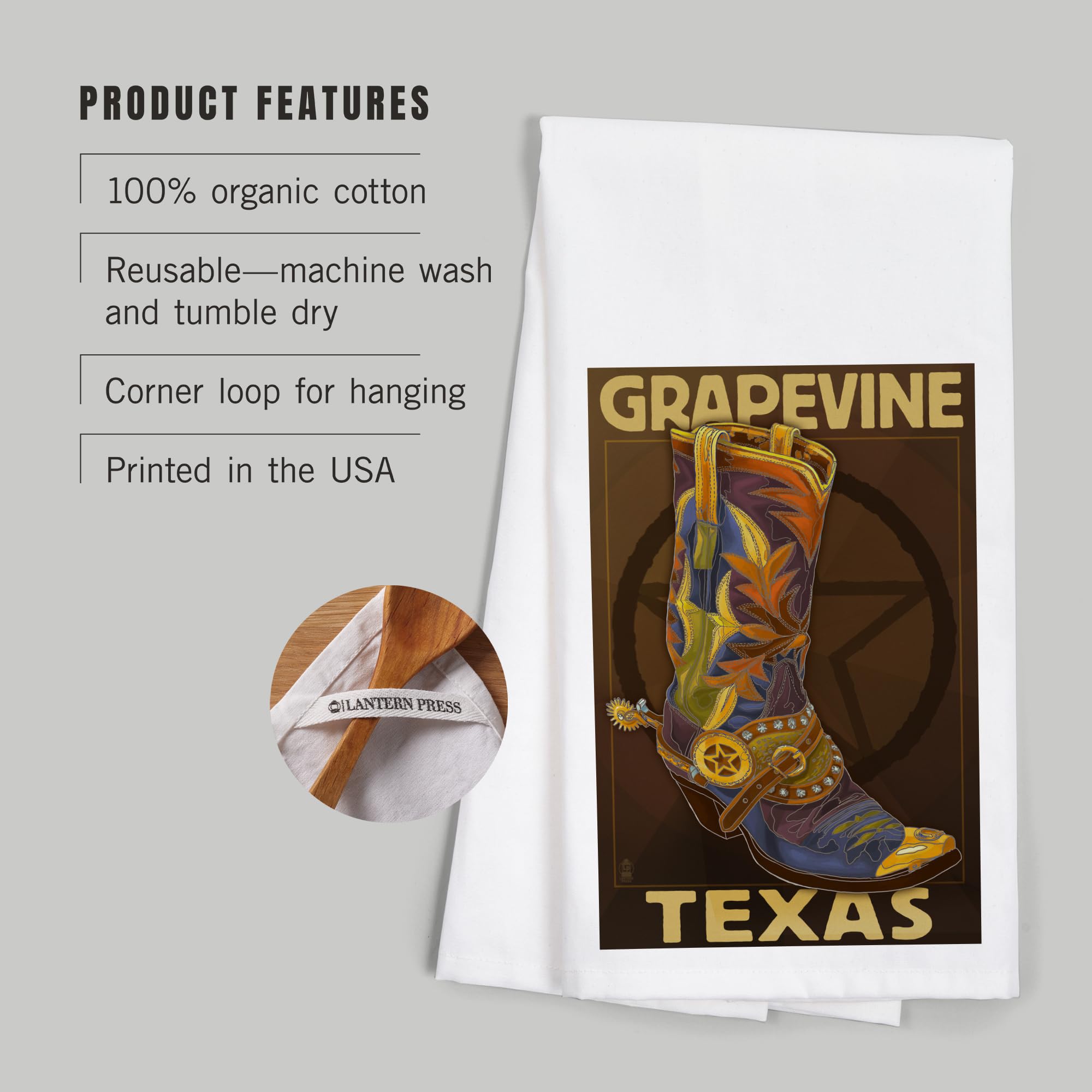 Lantern Press Grapevine Texas Boot and Star Cotton Tea Towel - 100% Cotton Decorative Hand Towel for Kitchen, Home Decor & Gift - Perfect for Drying Dishes, Farmhouse Decor, and Country Style Kitchens