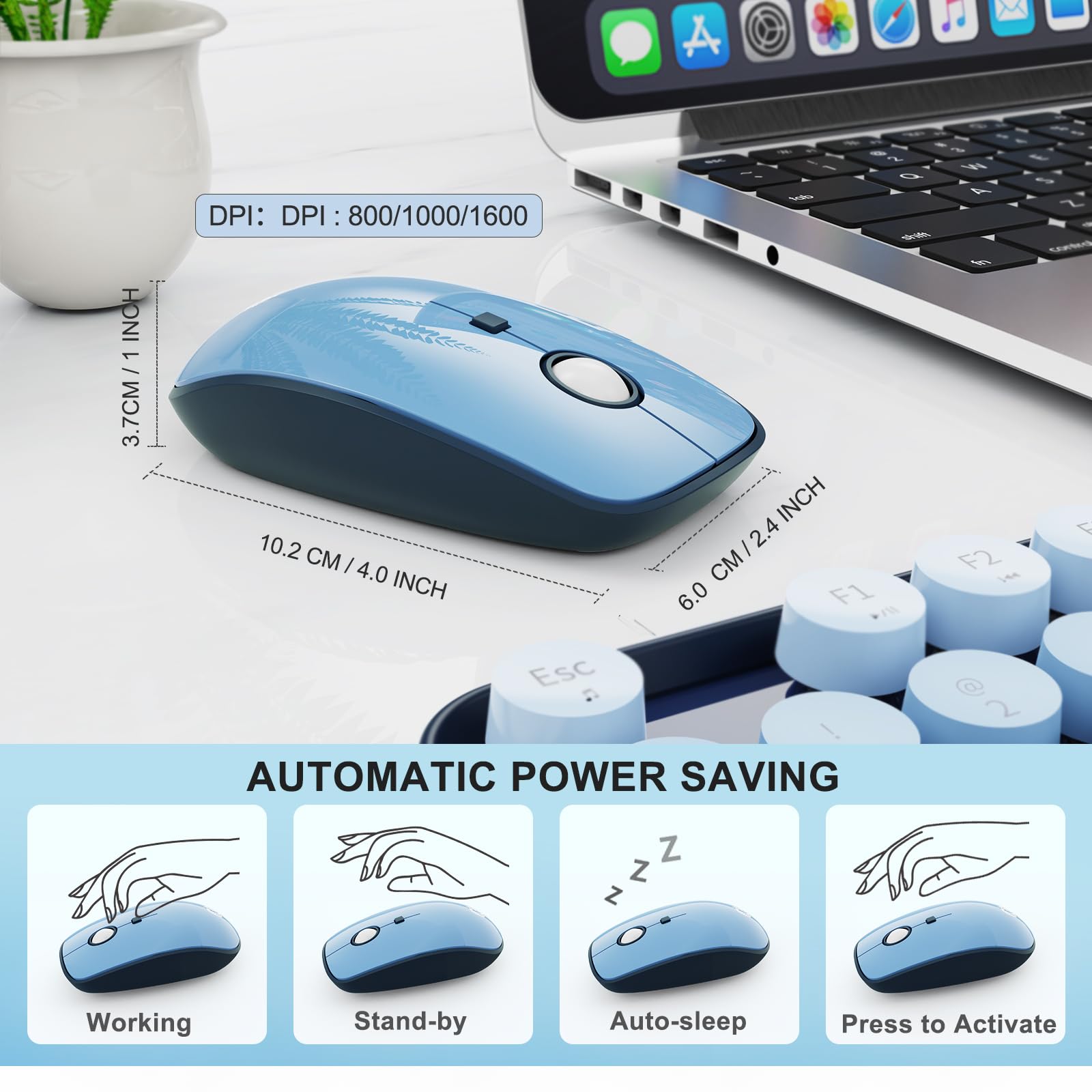 FOPETT 2.4G Wireless Keyboard Mouse Combo - 104 Round Key Retro Typewriter for PC/Laptop - Blue Gradient for Office/Home Use