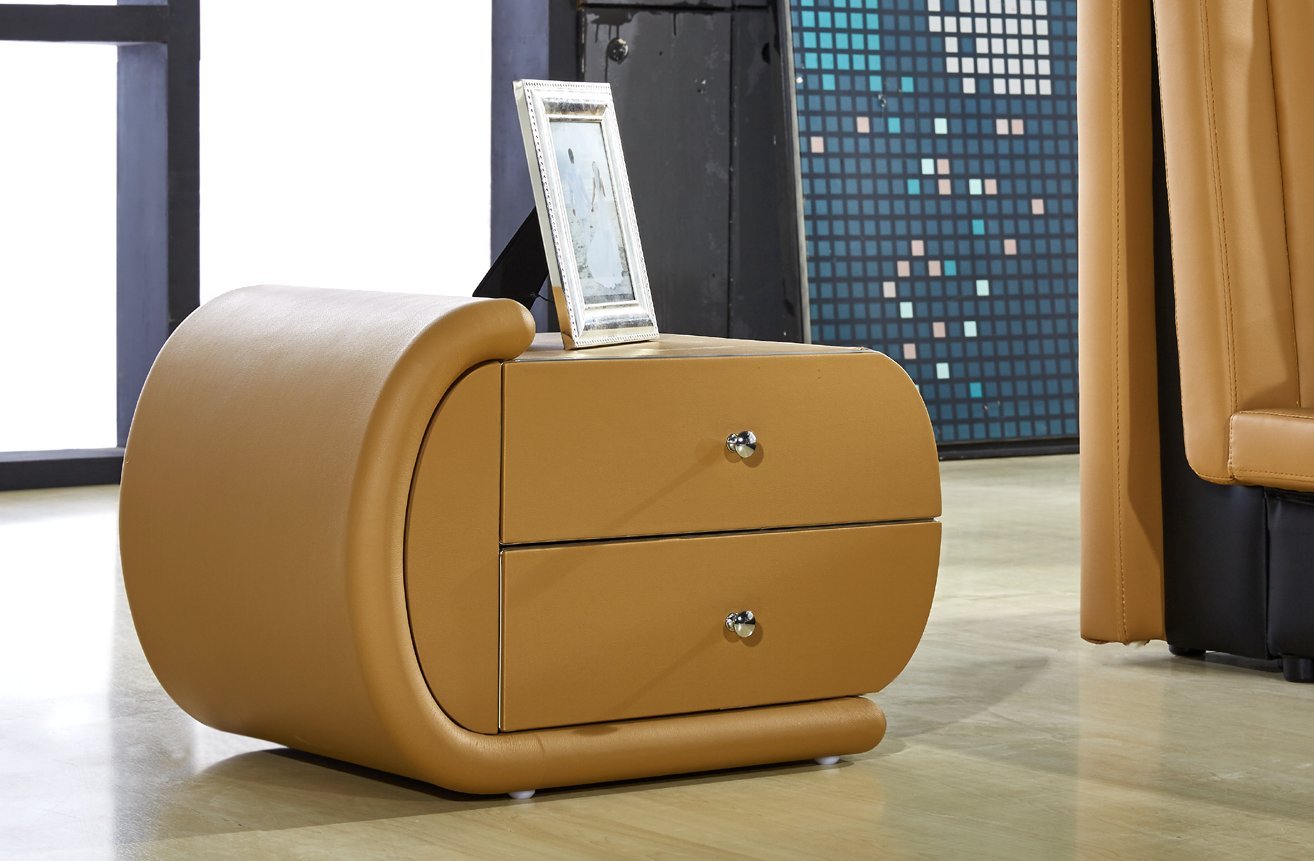 Contemporary Upholstered Bonded Leather Nightstand - Right Facing with Chrome Drawer Pulls, Tan/Gold Finish - Perfect for Bedroom, Living Room, or Office Storage