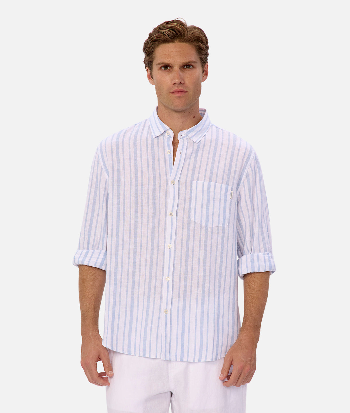 Francesco Linen Long Sleeve Shirt for Men - Breathable Off White & Light Blue Button Down Shirt - Perfect for Casual Wear, Office & Summer Outfits
