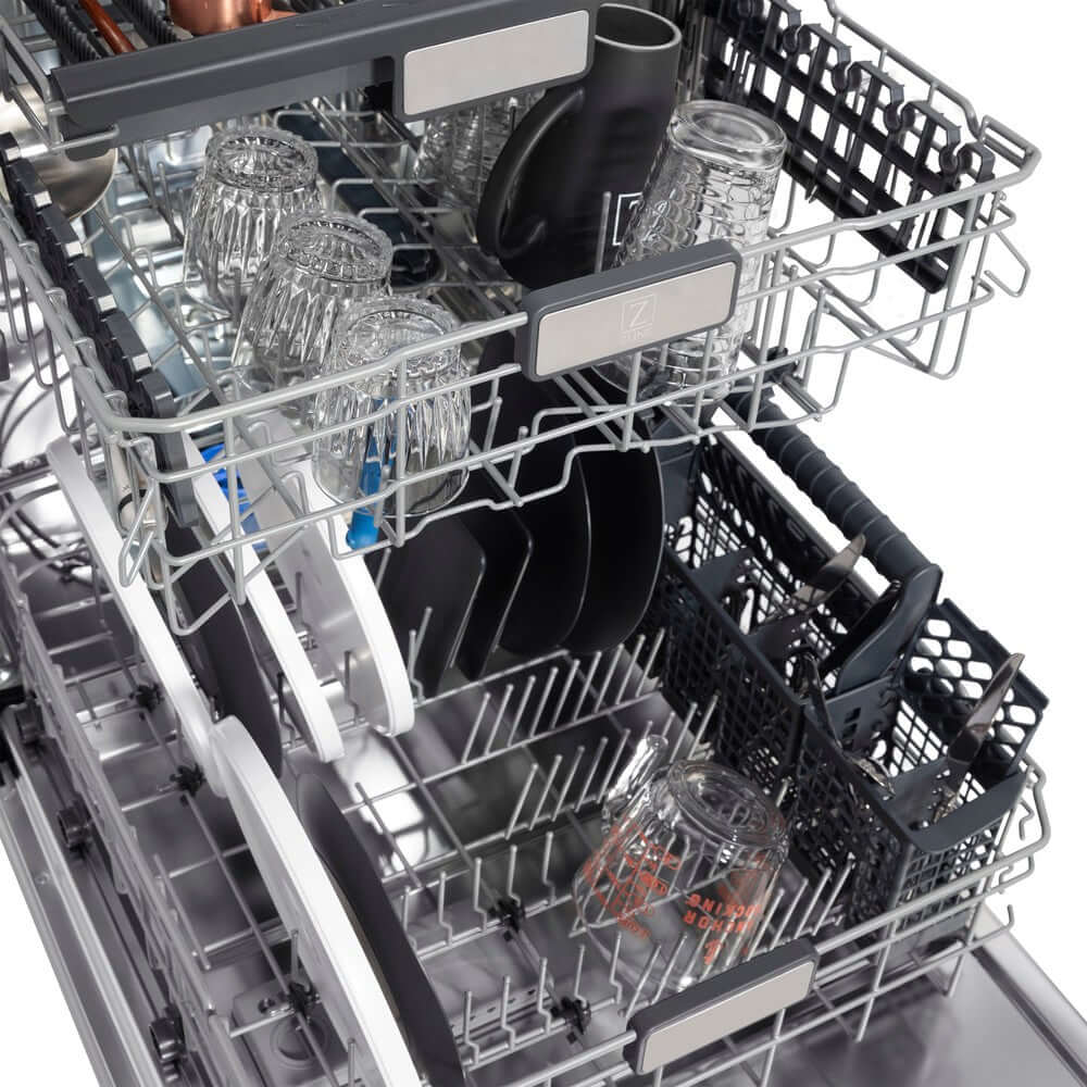 ZLINE Autograph Edition 24-inch Monument Series Dishwasher with 3rd Rack, Top Touch Controls, Tall Tub Design - Satin Stainless Steel Panel & Polished Gold Handle, Ultra Quiet 45dBa (DWMTZ SN 24 G) - Perfect for Modern Kitchens, Open Concept Homes, and Luxury Renovations