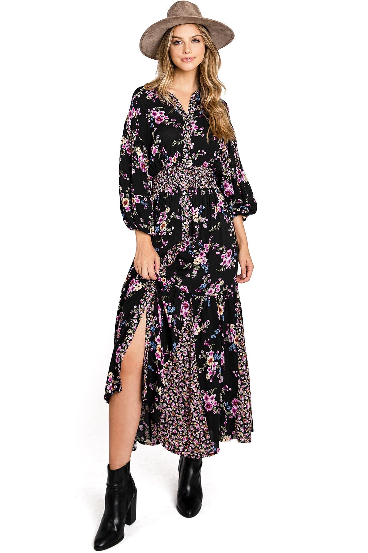 Love Stitch Women's Bohemian Floral Button Front A-line Maxi Dress - Summer Beach Wedding, Vacation & Casual Outfit
