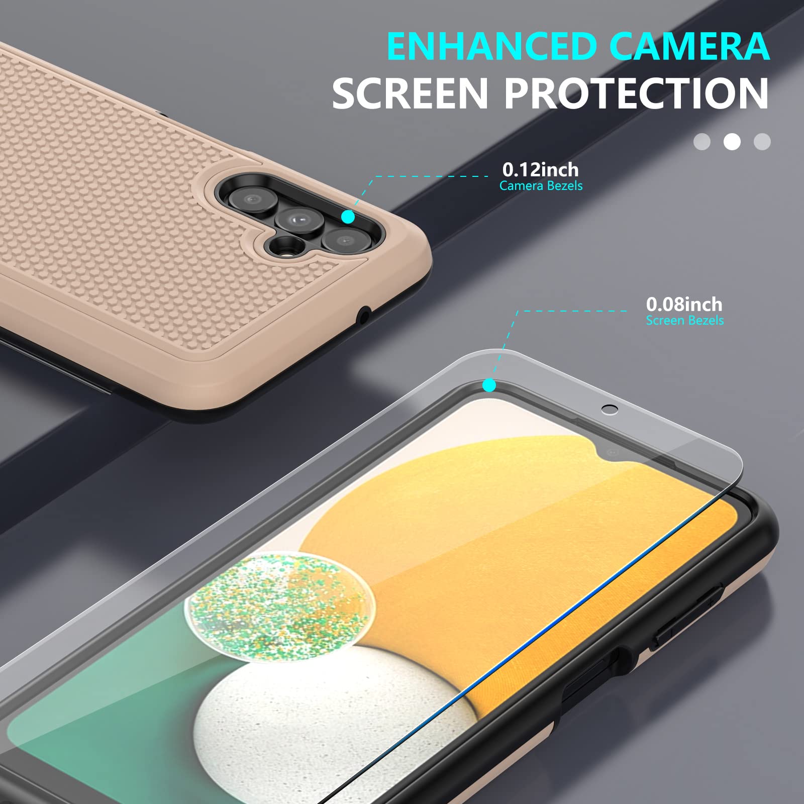 Samsung Galaxy A13 5G Case with Screen Protector (2 Pack) - Military Grade Shockproof Dual Layer Protective Cover, Non-Slip Textured Back in Rose Gold - Perfect for Outdoor Activities and Daily Protection