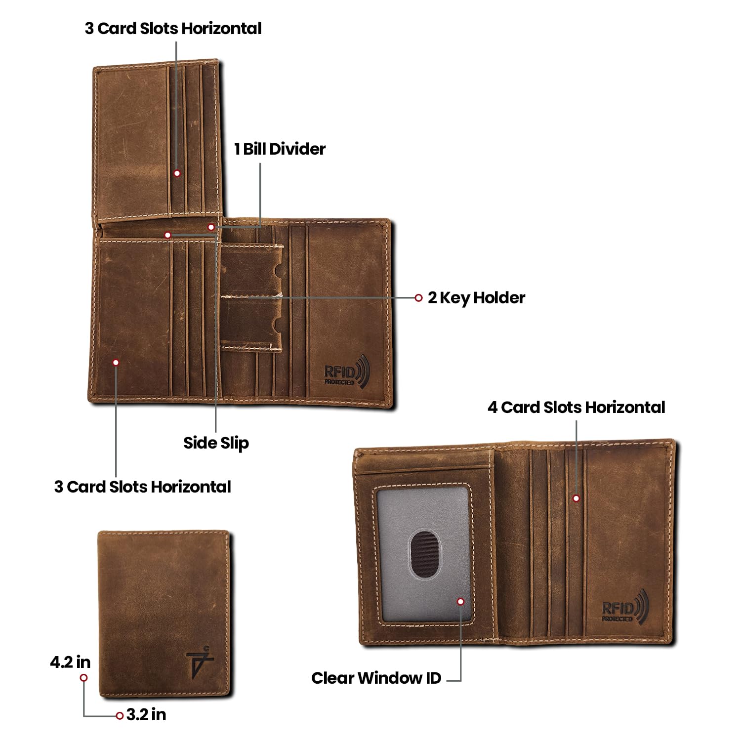 RFID Blocking Slim Leather Wallet for Men - L-Fold Bifold/Trifold Design with Card Window & ID Holder (J700LF, Rustic Brown) - Perfect for Everyday Carry, Travel & Business Use