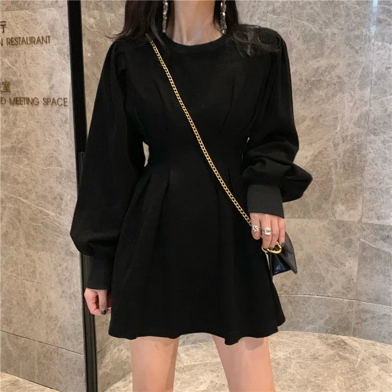 Korean Style Autumn Black Mini Dress - Long Sleeve Pleated Wrap Dress for Women | Spring Fashion Casual Streetwear | Perfect for Kpop Outfits, Date Nights & Office Wear