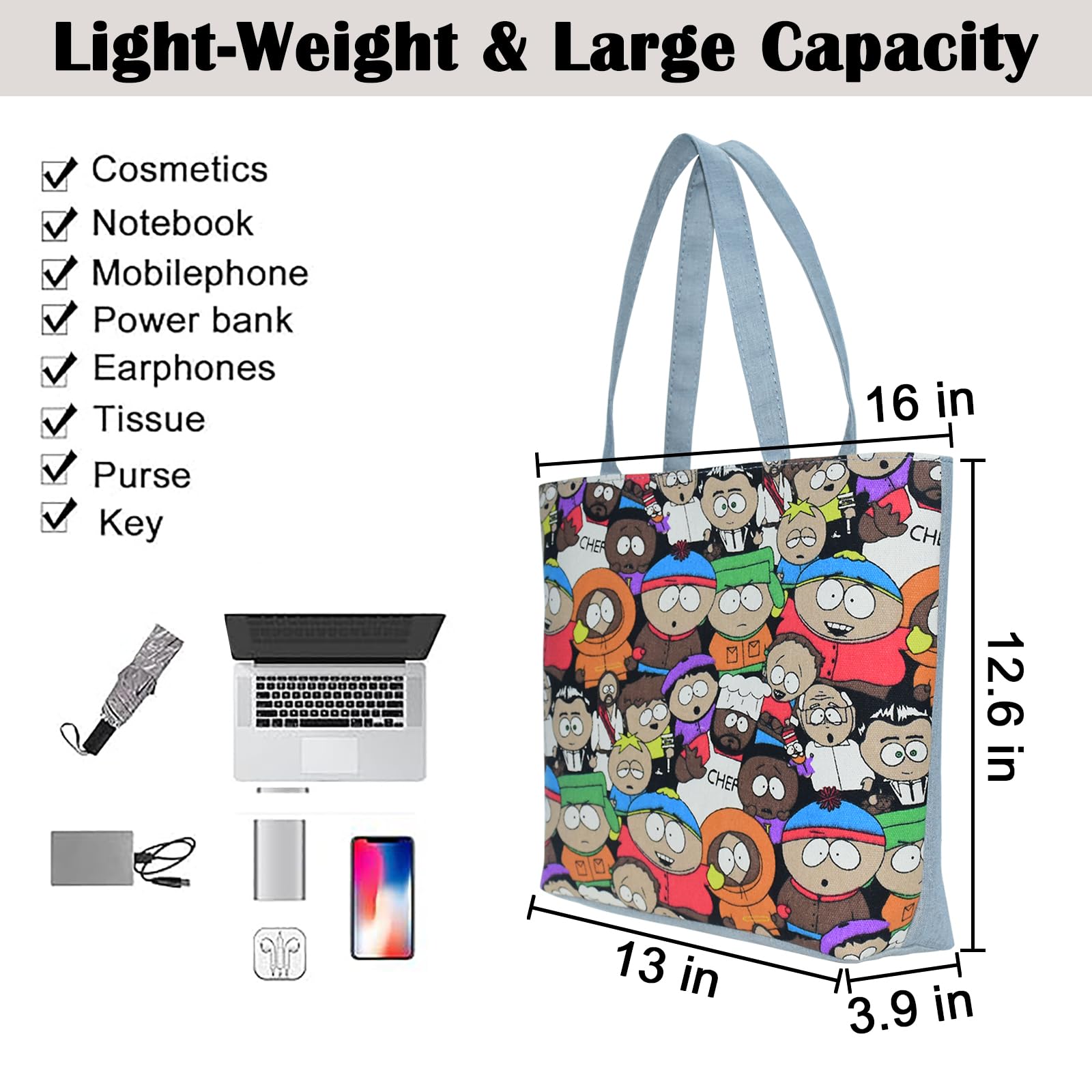 Kenny Cartoon Graffiti Women's Canvas Tote Bag - Reusable Shoulder Bag with Zip Closure for School, Travel & Shopping - Stylish Casual Purse for Women & Teens