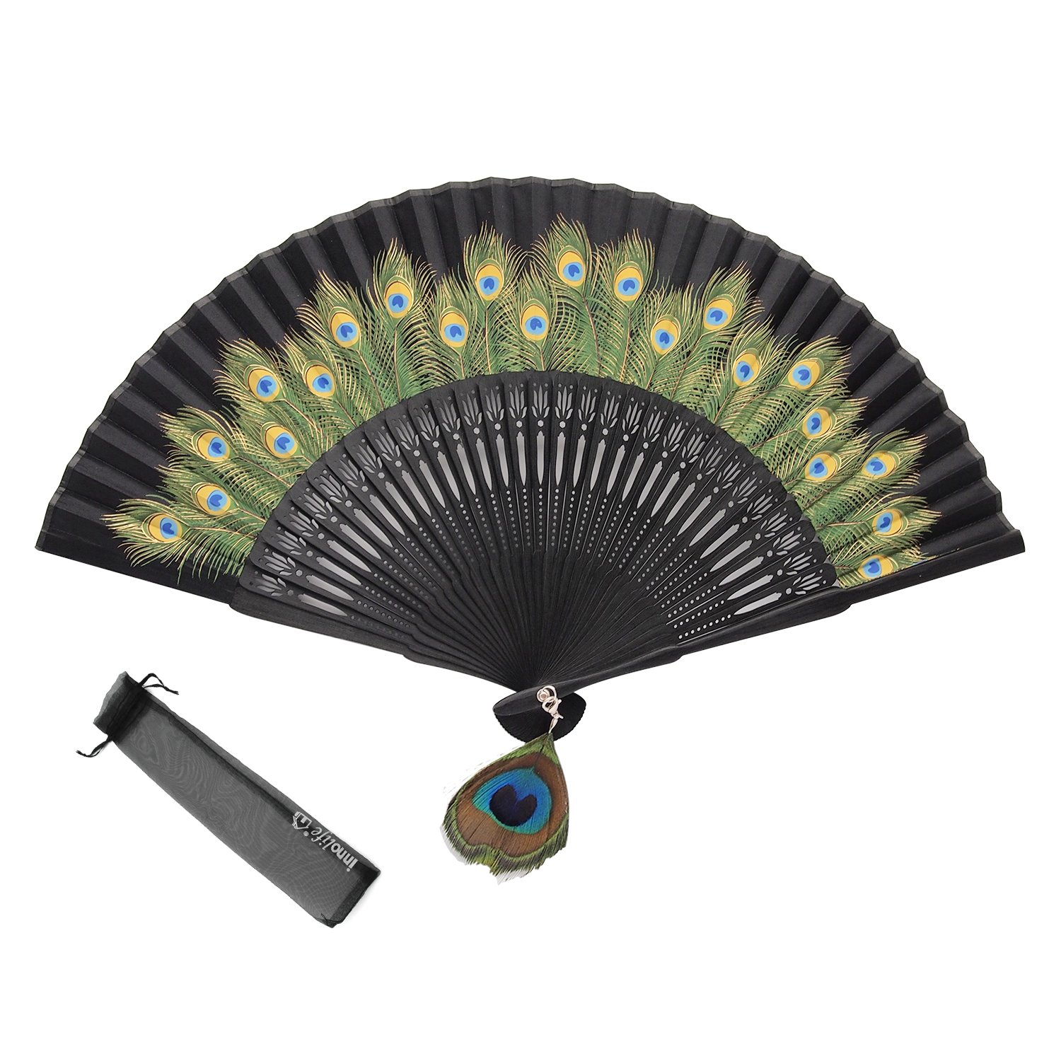 Innolife Silk Hand Fan - Bamboo Carved Peacock Design for Home Decor & Dance