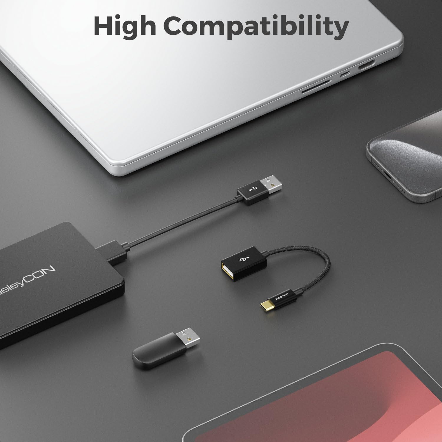 deleyCON USB C to USB A Adapter OTG Cable - Male to Female Connector for iPhone 16 Pro Max/15 Pro Max, iPad Pro, MacBook Pro/Air, Galaxy S25/S24/S23, PC, Laptop - Fast Data Transfer & Charging for Home, Office & Travel Use