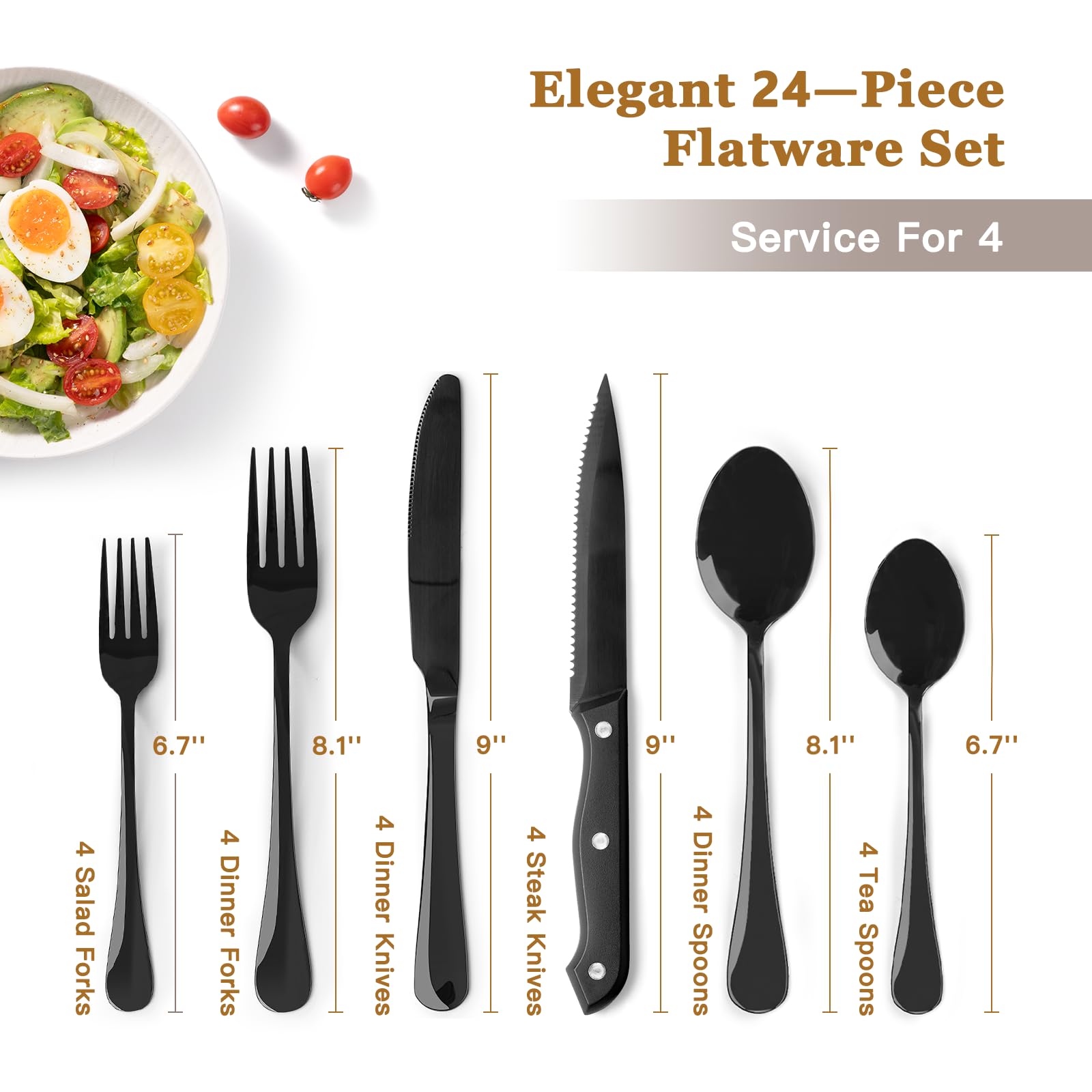Astercook 24-Piece Stainless Steel Flatware Set - Mirror Polished Black Silverware with Steak Knives, Spoons & Forks for 4 People - Food-Grade Cutlery Set for Home, Kitchen & Restaurant Dining