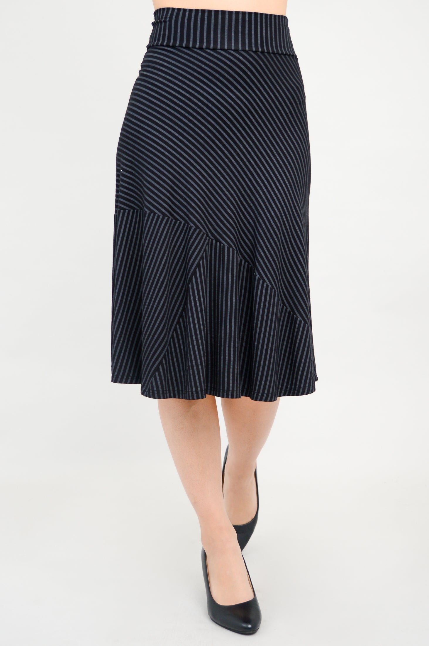 Lillian Skirt - Black & Grey Striped Bamboo Fabric Women's Midi Skirt | Comfortable & Eco-Friendly | Perfect for Office, Date Night & Summer Outfits