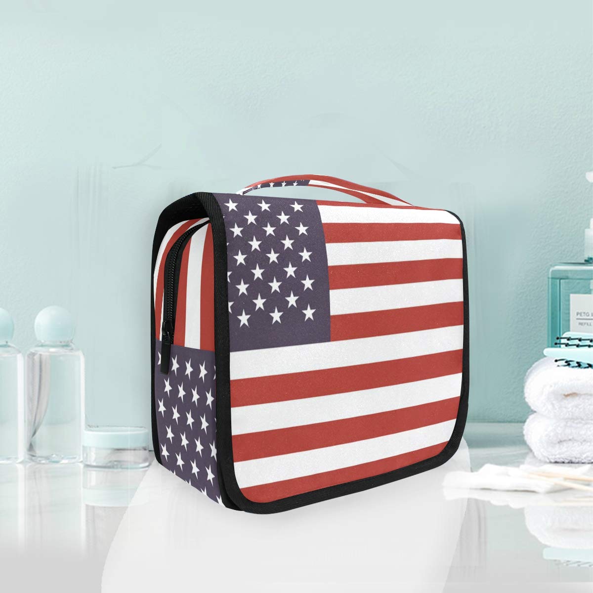 MOYYO American Flag Travel Hanging Toiletry Bag - Large Capacity Waterproof Cosmetic Organizer Pouch for Women, Men & Girls | Perfect for Camping, Gym, Business Trips & Vacation Essentials