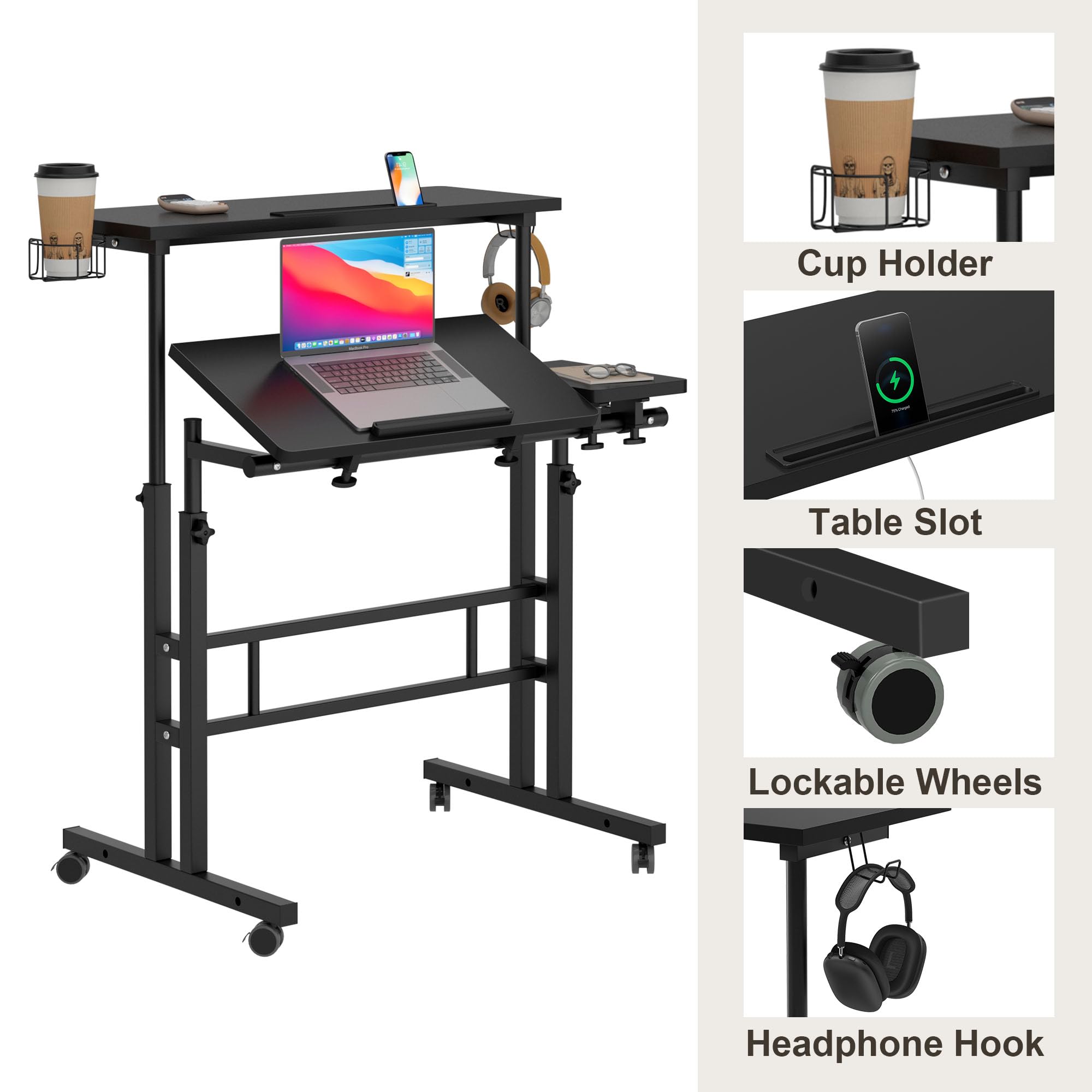 SogesPower Adjustable Laptop Stand for Bed & Sofa - 2-Tier Mobile Standing Desk with Cup Holder & Hooks - Portable Computer Table for Home Office, Dorm Room & Small Spaces (Black)