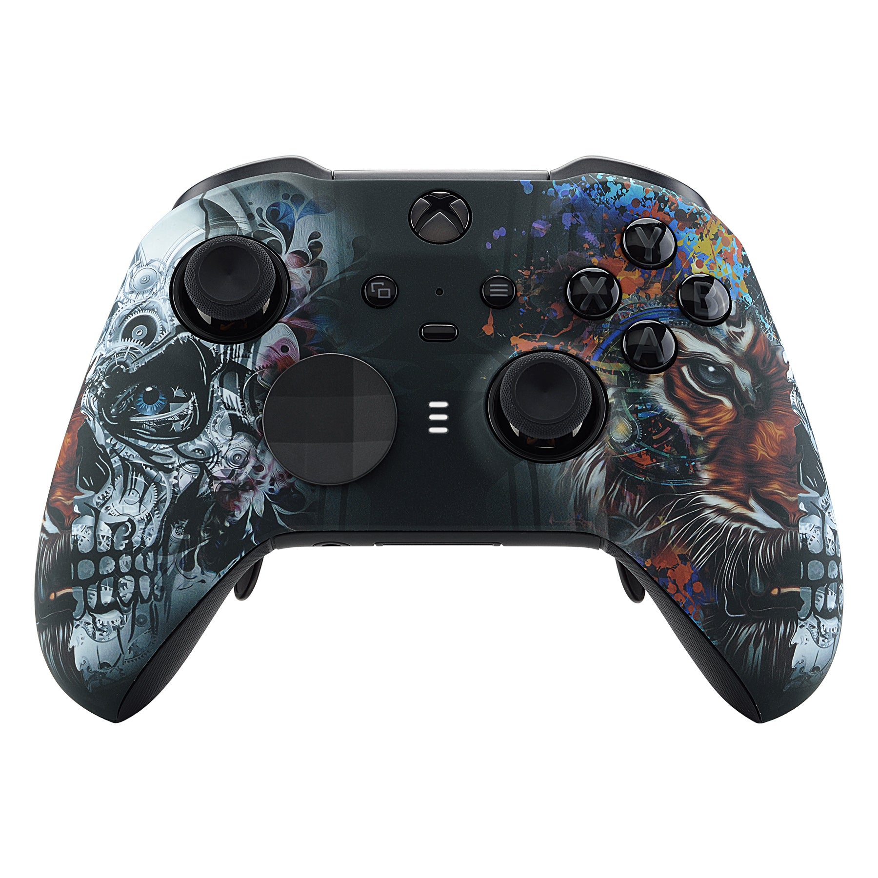 eXtremeRate Tiger Skull Patterned Faceplate Cover - Soft Touch Front Housing Shell Replacement Kit for Xbox One Elite Series 2 Controller (Model 1797 & Core) with Thumbstick Accent Rings - Perfect for Gaming Enthusiasts & Custom Controller Mods - ELT113