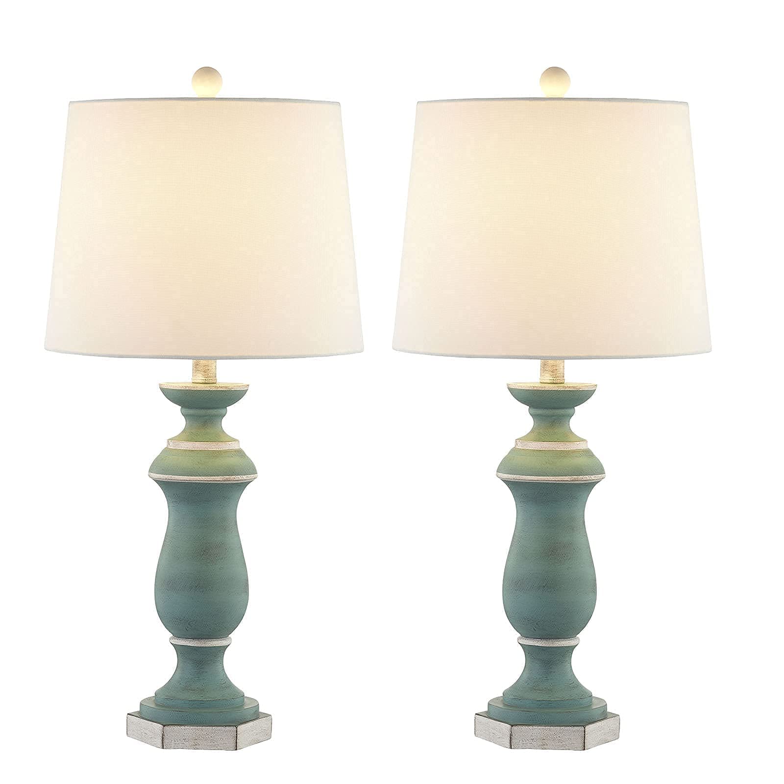 Maxax Set of 2 Rustic Farmhouse Table Lamps - 27 Inch Traditional Bedside Lamps with White Fabric Drum Shade, Teal/Green - Perfect for Living Room, Bedroom, Office or Reading Nook Lighting