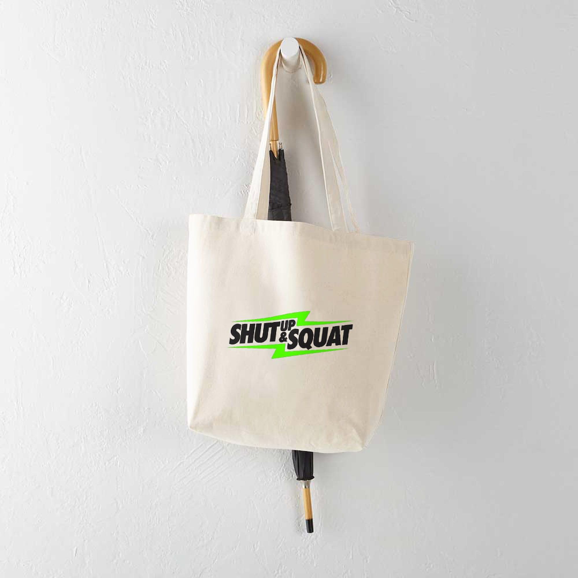 Shut Up & Squat Tote Bag - Natural Canvas Reusable Grocery Shopping Bag for Gym, Workouts & Everyday Use | Durable & Eco-Friendly
