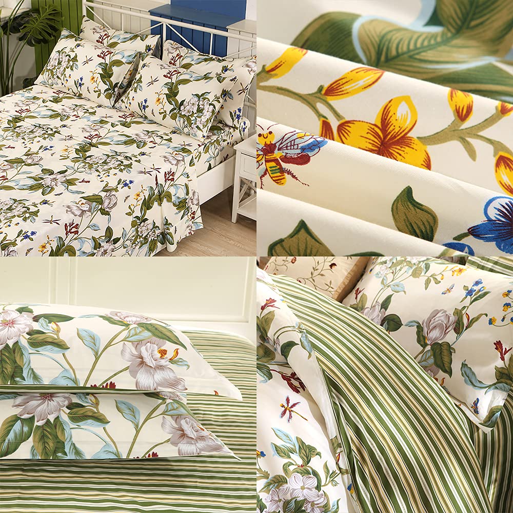FADFAY 100% Cotton Floral Duvet Cover Set - Green Beige Striped Shabby Chic Queen Size Bedding with Deep Pocket Sheets (7-Piece Set) for Cozy Bedroom Decor & Guest Room Makeover