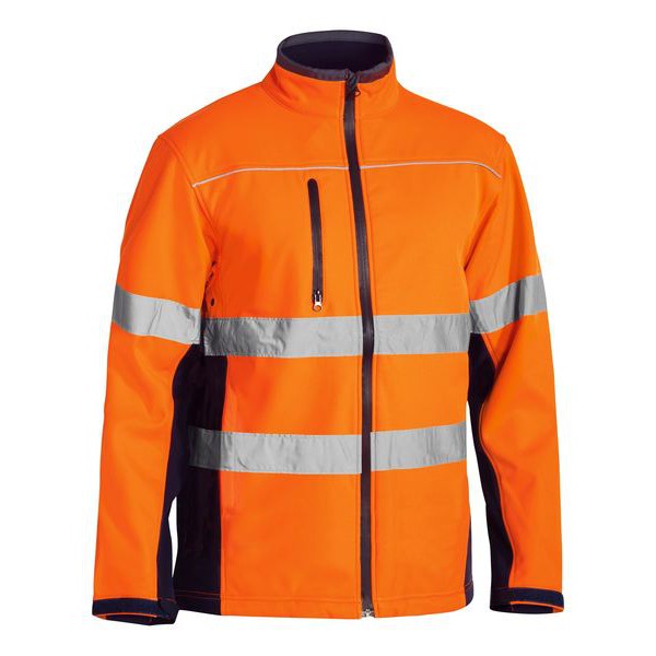 Bisley High Visibility Waterproof Soft Shell Jacket - Orange/Navy (BJ6059T_TT02) | Reflective Safety Workwear for Construction, Cycling & Outdoor Activities